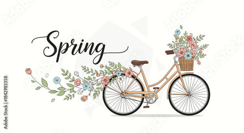 An illustrated spring scene with a bicycle and flowers.