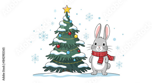 A christmas scene with a bunny standing next to a decorated christmas tree.