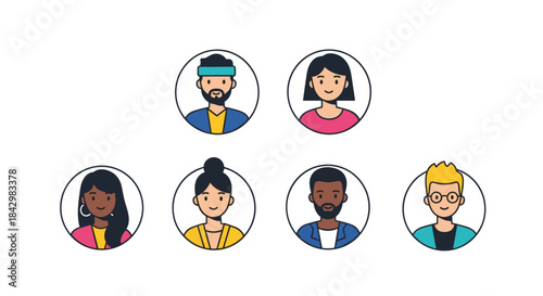 A collection of illustrated profile portraits of various people in circular frames.