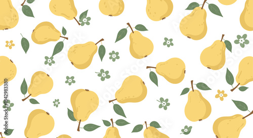 A repeating pattern with yellow pears, leaves, and flowers.