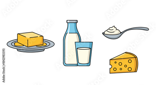 A collection of dairy products including butter, milk, cheese and cream.