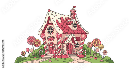 A whimsical illustration of a candy house.