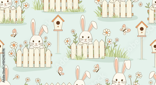A repeating pattern with easter bunnies, flowers, and birdhouses behind a fence.