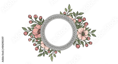 A round floral frame with pink flowers and green leaves.