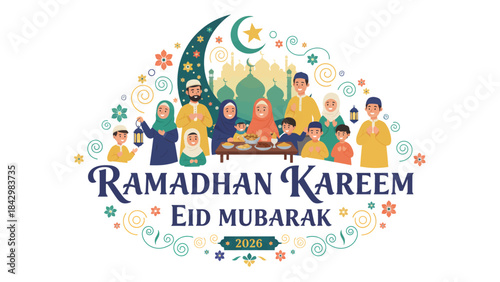 A diverse Muslim family celebrating Ramadhan Kareem and Eid Mubarak with a mosque, crescent moon, and festive decorations.