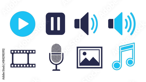 A collection of media playback and multimedia content icons for user interfaces.