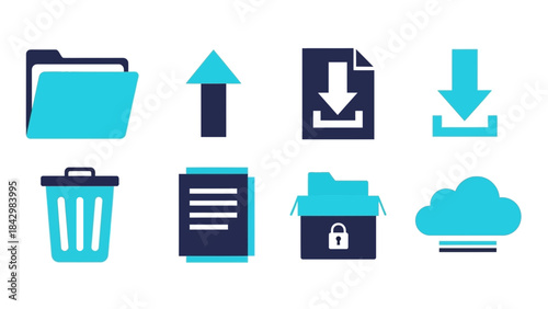 A collection of file management, data transfer, and cloud computing icons