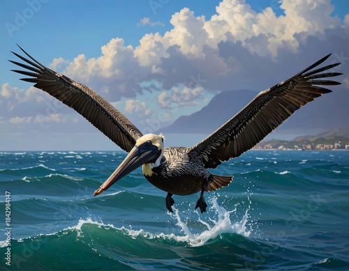 Dramatic shot of a pelican emerging from the ocean, wings spread wide