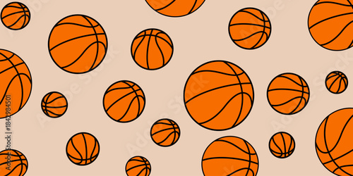 Design of basketballs of different sizes on a simple beige background, concept for sports themes, sportswear and digital backgrounds, creating a dynamic and energetic visual texture