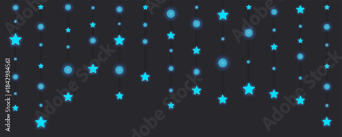 Dark digital background with hanging strips of stars and bright blue circles creating a festive night sky effect. Concept for celebrations, party invitations, and abstract light displays