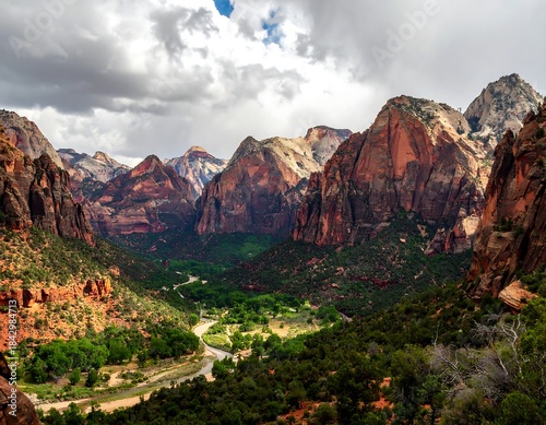Dramatic Zion National Park Landscape with Towering Cliffs and Virgin River