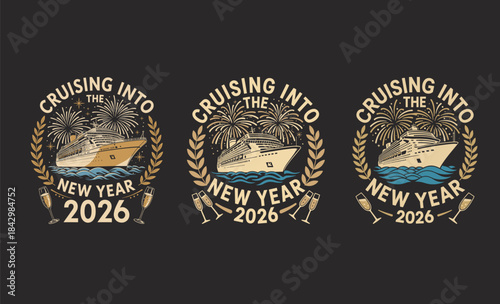 Cruising into new year 2026 t-shirt design concept with cruise ship fireworks and champagne