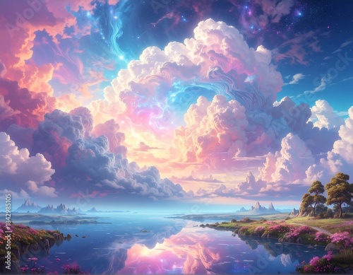 Dreamlike landscape with pastel skies and serene water reflections, nature's fantasy