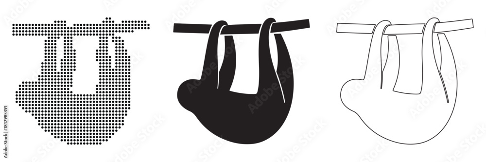 Obraz premium Three distinct styles of a sloth hanging from a branch: pixelated, silhouette, and outline.