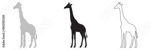 Three distinct giraffe illustrations: pixelated, solid silhouette, and outline.