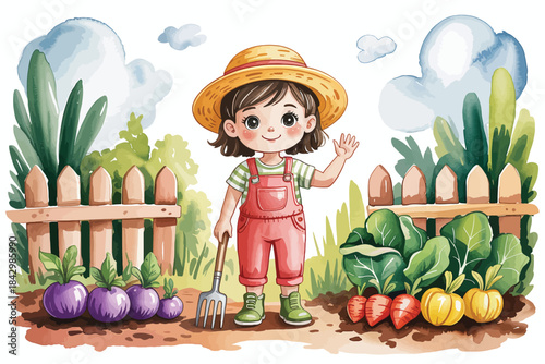 Cartoon girl gardener in overalls holding a fork among vegetables and fence gardening