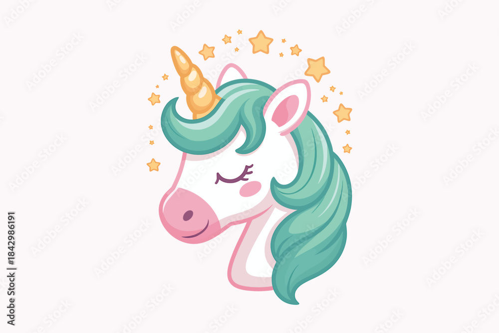 Obraz premium Cute cartoon unicorn head with mint green mane and golden horn on pink background illustration fantasy