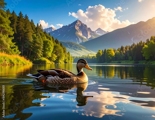 Duck swimming gracefully on a serene lake surrounded by majestic mountains and lush forests