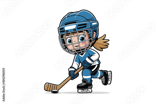 Cute cartoon girl in blue hockey uniform with cage helmet skating with stick and puck ice hockey child