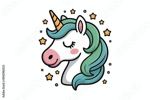 Stylized cartoon unicorn head with teal mane and golden horn on white background illustration graphic
