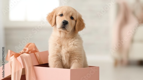 A cute golden retriever puppy peeks out from a pink gift box, exuding charm and playful innocence in a bright, cozy environment.