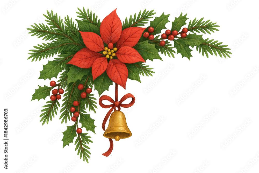 Fototapeta premium Poinsettia christmas corner decoration with pine branches, holly berries, and hanging golden bell, transparent background