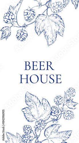 Watercolor banner border background toile de jouy featuring hop branches, cones and leaves, ideal for beer branding, brewing presentations or botanical and floral themed designs. Floral, leaves.