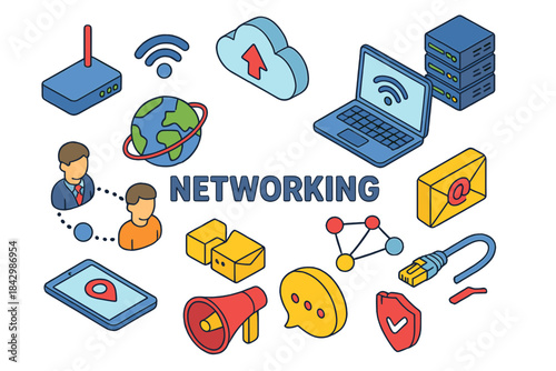 Networking flat icon set. featuring wi-fi, cloud, globe, laptop, server, users, email, upload, tablet, and megaphone