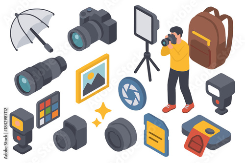 Photography flat icons set. featuring camera, lens, tripod, backpack, flash, umbrella, and gallery symbols