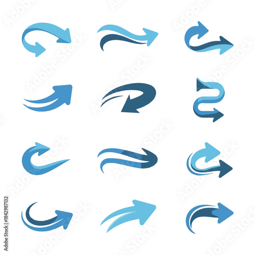 Stylized Curved Arrow Icons Set. Collection of Blue, Black, and Green Vector Symbols.Print
