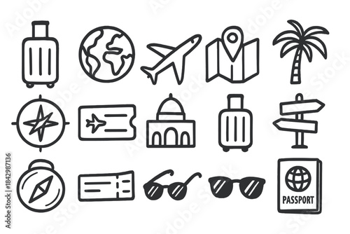 Travel silhouette icon set. featuring luggage, globe, airplane, map, palm tree, compass, ticket, destination