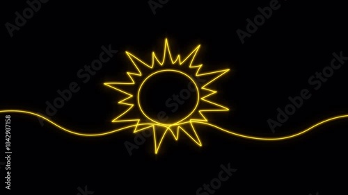 Video. Continuous neon line of the sun. Sunny summer travel concept. Sunny weather, minimalist one line art. Animation on a black background 4K.