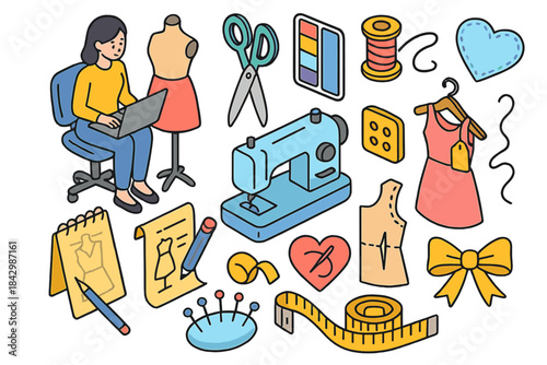 Fashion design linear icon set. featuring sewing machine, mannequin, fabric, dress, scissors, and sketchpad icons