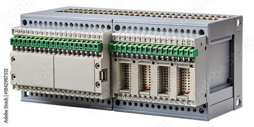 A detailed close-up of a programmable logic controller module used in industrial automation