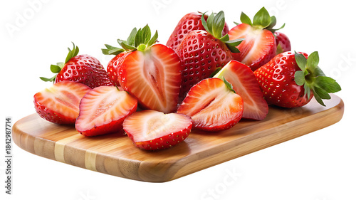 Fresh red strawberries, whole and cut, arranged on a wooden board for a healthy snack