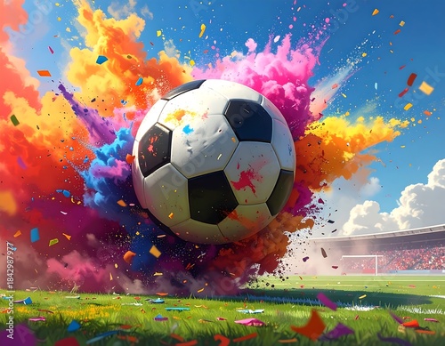 Dynamic celebration of a soccer ball amidst colorful explosion at the stadium