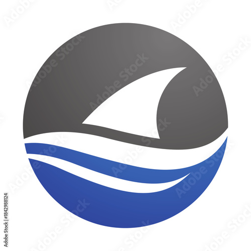 Dynamic and powerful shark fin illustration emerging from rolling blue ocean waves, symbolizing speed, strength, and marine adventure. A modern graphic emblem for aquatic themes
