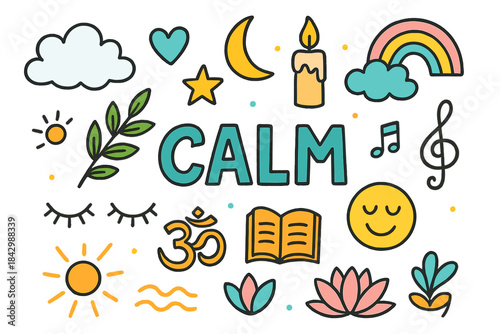 Calm and meditation flat icon set. featuring moon, candle, rainbow, music note, sun, and lotus symbols