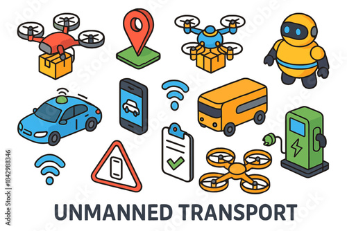 Transportation technology linear icon set. featuring drones, robot, car, bus, map, gas station, signal