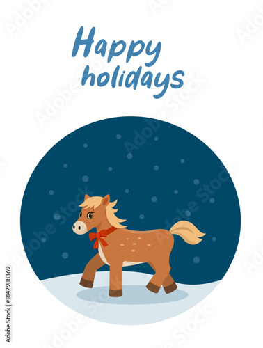 Christmas horse on a winter night. Perfect holiday illustration for cards, posters and holiday projects. Vector.