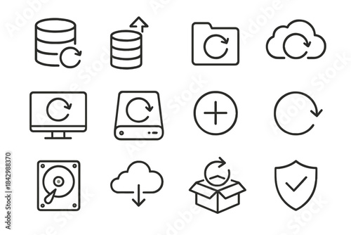 Data management linear icon set. featuring database, cloud, backup, restore, update, sync, and storage symbols