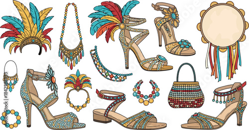 Colorful Carnival Accessories and Jewelry Set with Feathers and Beads