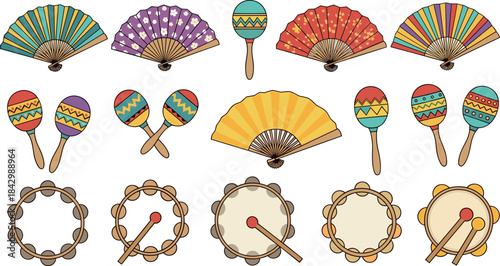 Colorful Latin American musical instruments and fans illustrations