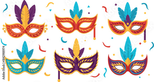 Colorful Mardi Gras Carnival Masks with Feathers and Confetti on White Background