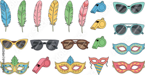 Colorful Mardi Gras Party Accessories with Feathers, Masks, Whistles, and Sunglasses