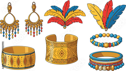 Colorful tribal jewelry and feather accessories collection