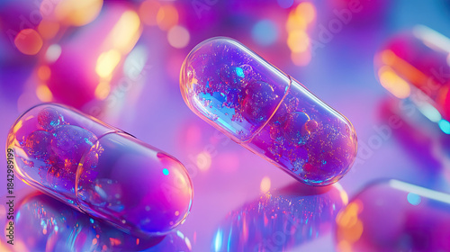 Close-up view of vibrant purple pills, reflecting a mesmerizing glow AI Generative