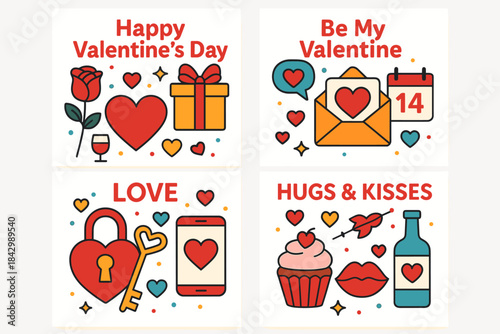 Valentine's day flat icons set. featuring rose, gift, heart, calendar, envelope, lock, smartphone, cupcake, bottle