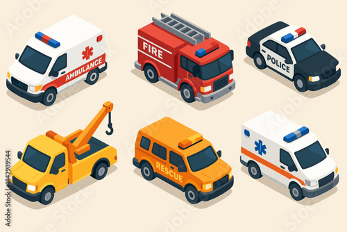 Emergency vehicles isometric icon set. featuring ambulance, fire truck, police car, tow truck, rescue van symbols