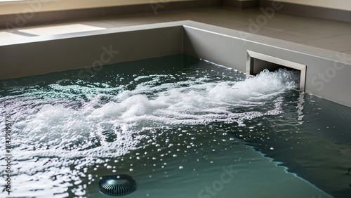 Pool water return jet spewing clear bubbly water into swimming pool with drain visible. Clean filtration system with aeration and water circulation.